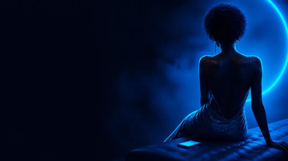 Free Ebony OnlyFans creators — Black woman in an evening dress traced by neon rim light, an unlocked phone glowing on the chaise