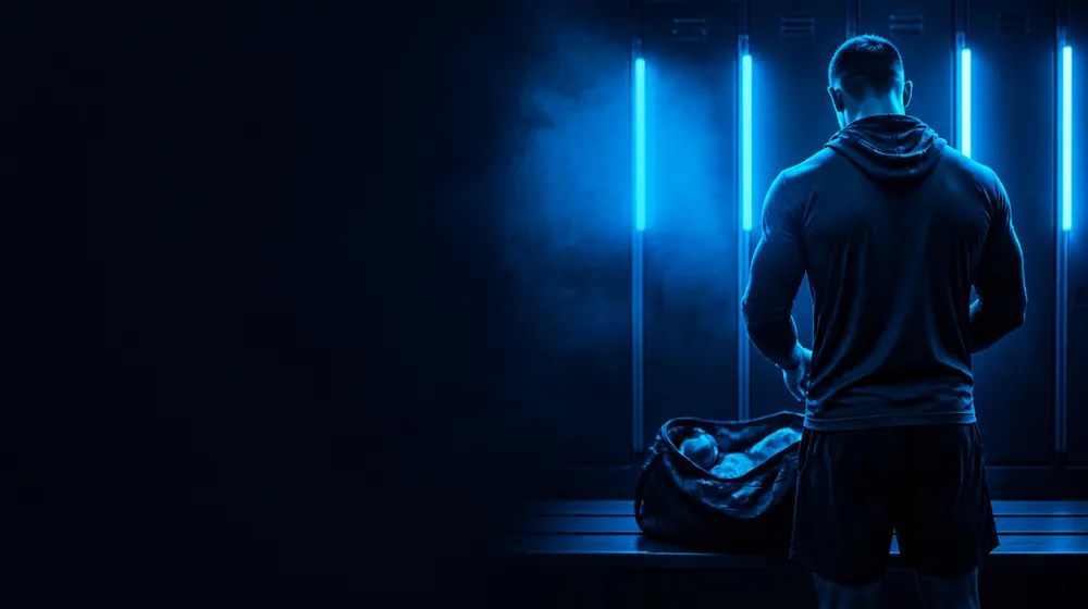 Free Male OnlyFans creators — athletic man in a dark gym under neon light, a gym bag open on the locker bench