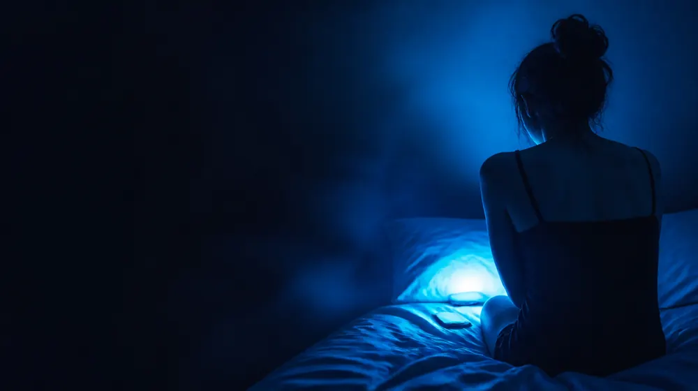 Free No PPV OnlyFans creators — woman on a bed lit by a smartphone glow, an unlocked phone resting on the pillow