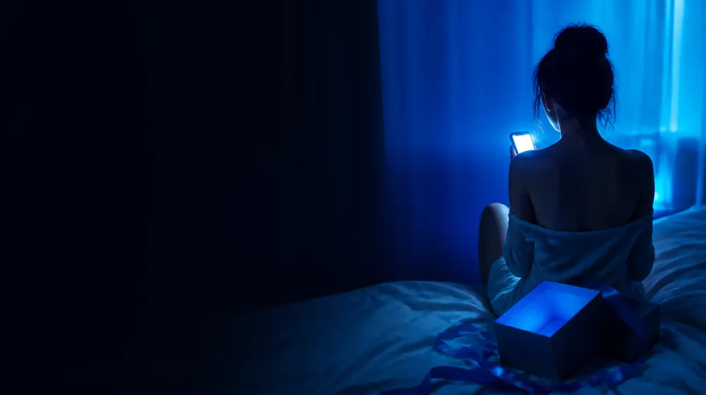 Free OnlyFans creators — woman on a bed lit by a smartphone glow, an opened gift box spilling ribbon on the bed