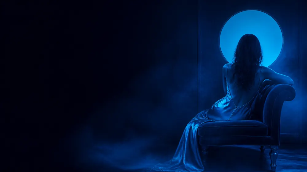 Gloryhole OnlyFans creators — woman in a silk slip dress reclining on a chaise longue, a single circle of light in the dark partition