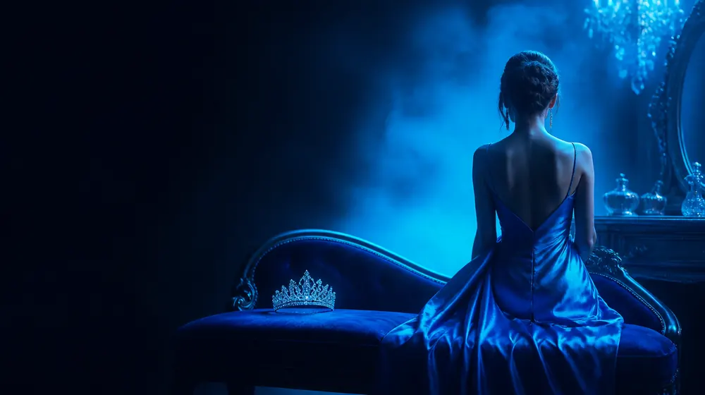 Gorgeous OnlyFans creators — woman in a silk slip dress reclining on a chaise longue, a tiara resting on the vanity cushion