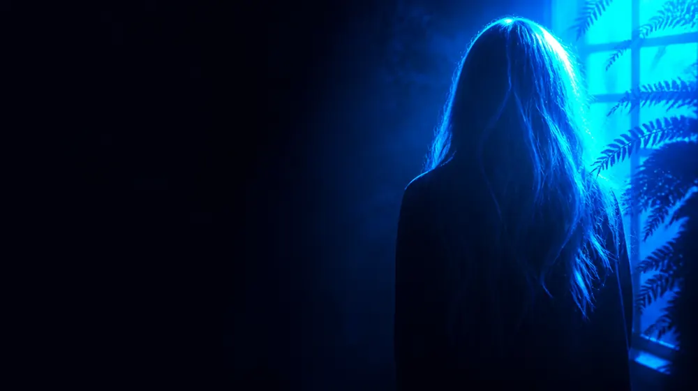 Hairy OnlyFans creators — long flowing hair catching bright blue rim light, fern plants shadowing the window light