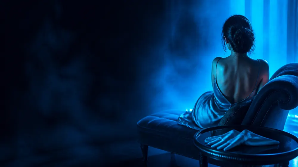 Handjob OnlyFans creators — woman in a silk slip dress reclining on a chaise longue, silk gloves laid palm-up on the tray