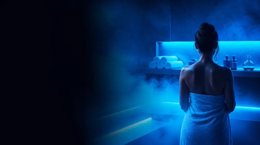 Happy Ending OnlyFans creators — woman wrapped in a towel in a steamy glowing spa, folded towels and warm oil bottles on the shelf