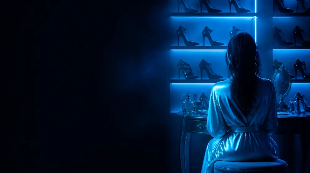 High Heels OnlyFans creators — woman in a silk robe at an elegant dressing table, a wall of stilettos displayed like art