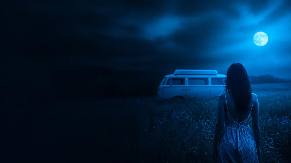 Hippie Girl OnlyFans creators — woman in a summer dress in a moonlit meadow, a vw-style camper van parked in the meadow