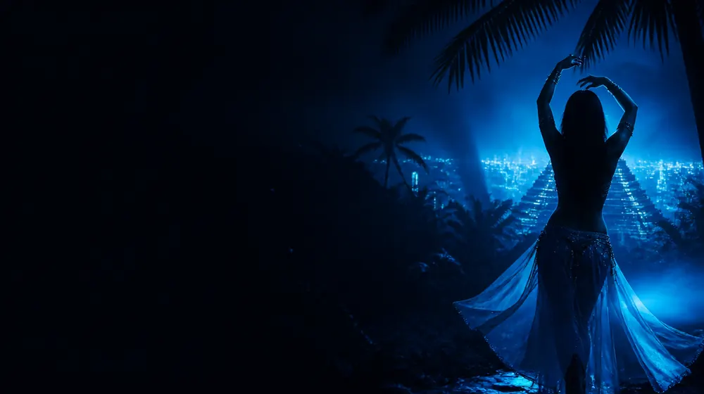 Honduran OnlyFans creators — woman dancing under palm silhouettes and city lights, mayan ruin steps deep in the jungle night