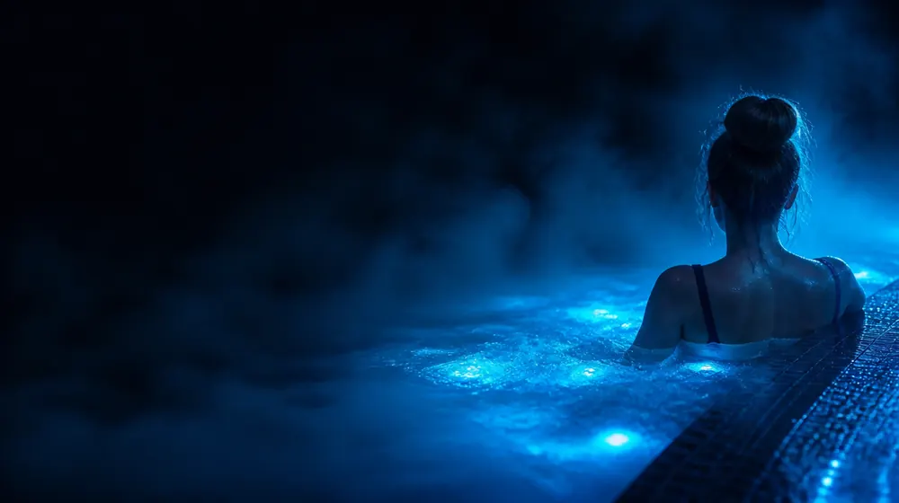 Hot Tub OnlyFans creators — woman at the edge of a glowing pool at night, jets bubbling in the steaming tub