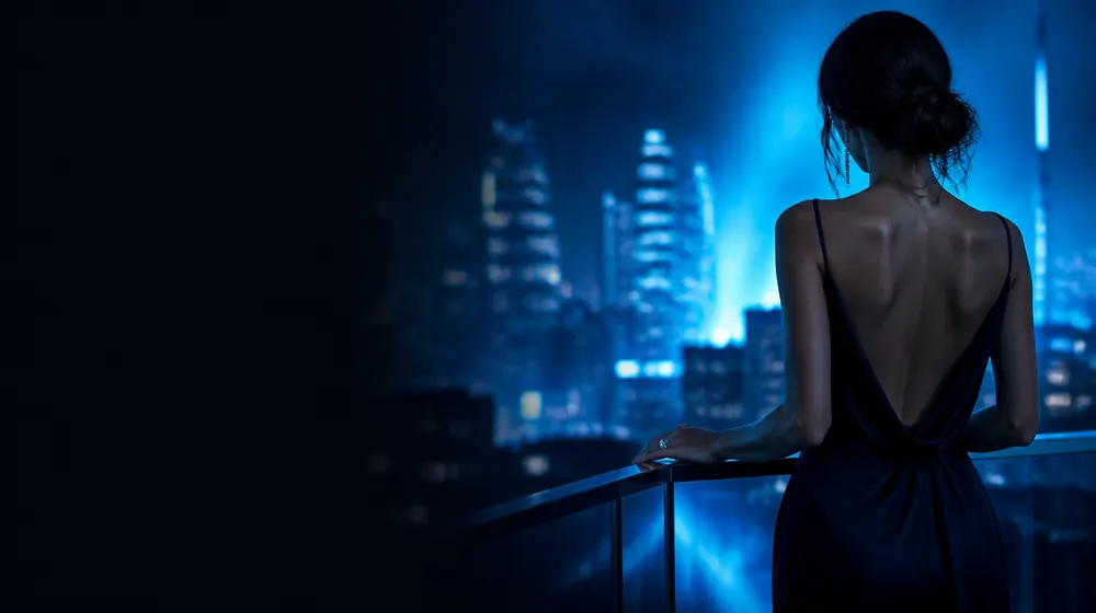 Hotwife OnlyFans creators — woman in an evening gown at a rooftop bar