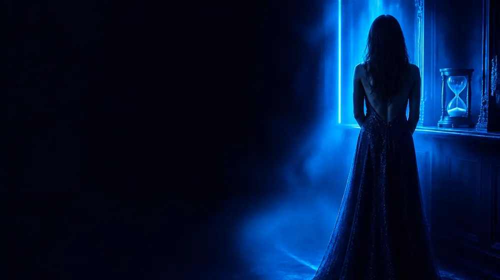 Hourglass OnlyFans creators — woman in a fitted evening dress in neon rim light, an hourglass timer on the shelf