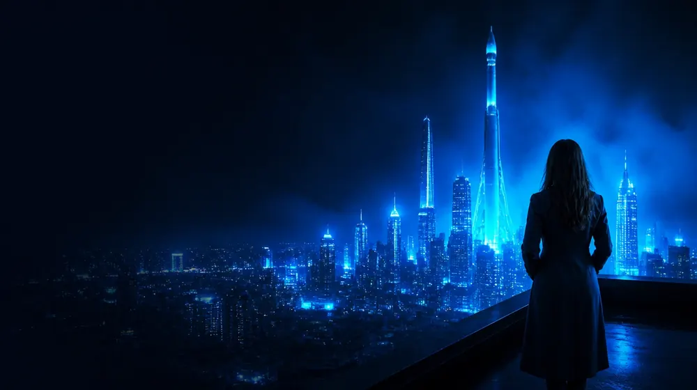 Houston OnlyFans creators — woman on a rooftop overlooking a glowing skyline, a space rocket monument beside the skyline