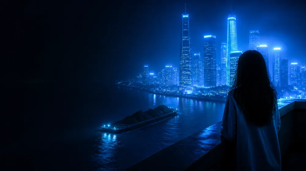 Huntington OnlyFans creators — woman on a rooftop overlooking a glowing skyline, a loaded coal barge gliding the dark river