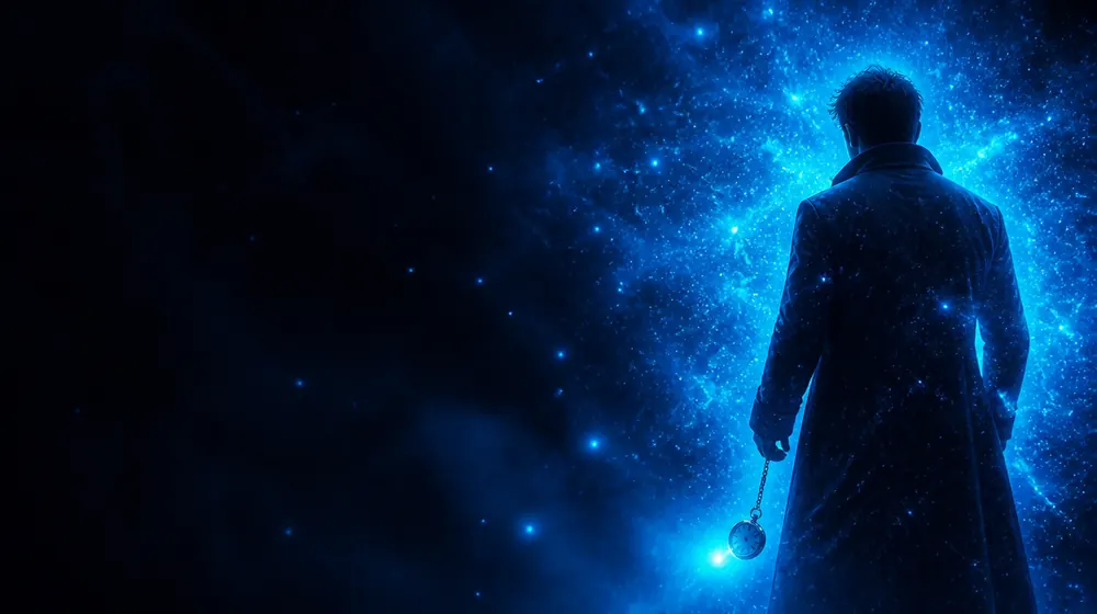 Hypnosis OnlyFans creators — silhouette surrounded by a glowing aura of light particles, a swinging pocket watch glinting