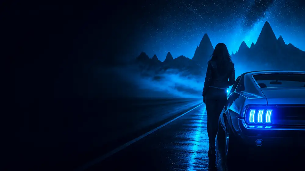 Idaho OnlyFans creators — woman beside a classic muscle car on a starlit highway, jagged sawtooth peaks on the horizon