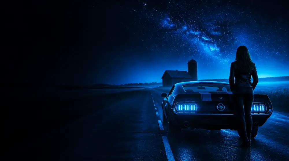 Indiana OnlyFans creators — woman beside a classic muscle car on a starlit highway, a lone barn and grain silo in the fields