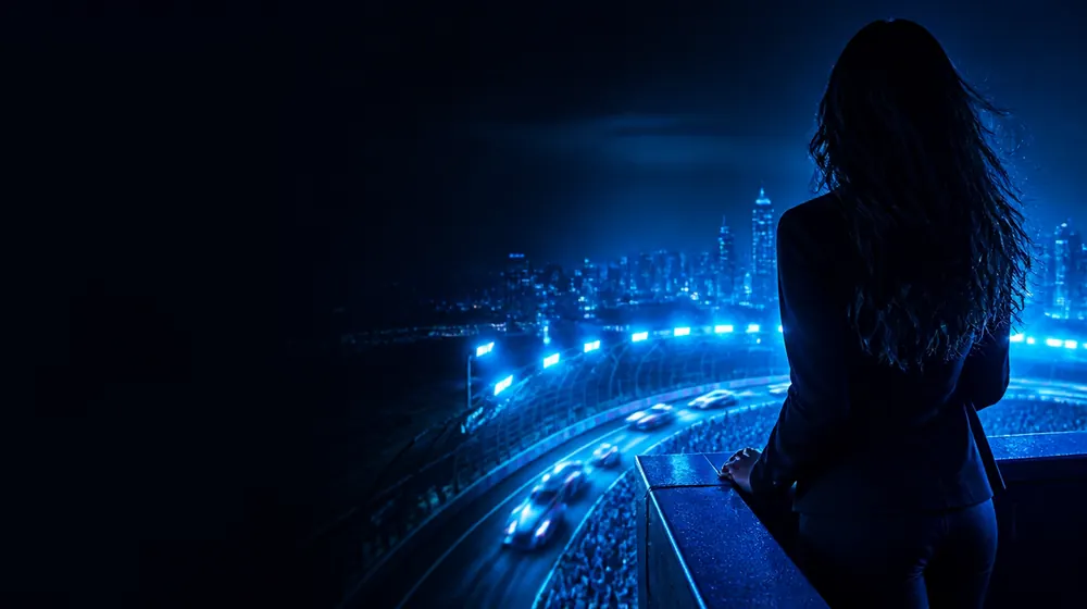 Indianapolis OnlyFans Creator — Frau auf einer Dachterrasse mit Blick auf eine leuchtende Skyline, Rennwagen, die über das Oval unter Flutlicht rasen