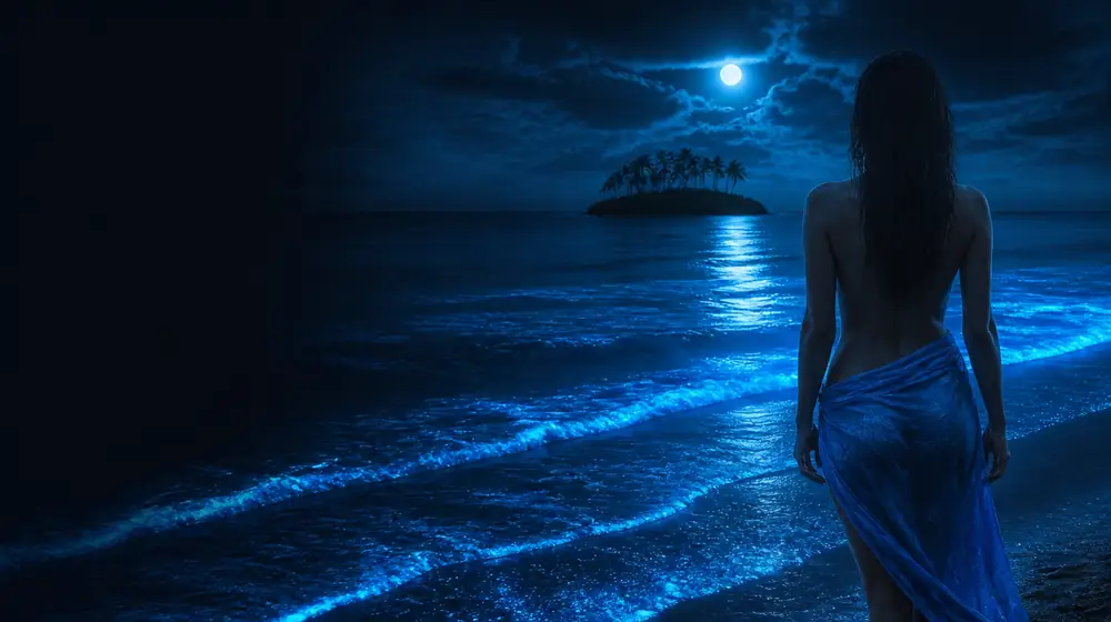 Island OnlyFans creators — woman in a sarong on a moonlit beach with glowing surf, a tiny palm island floating in the lagoon