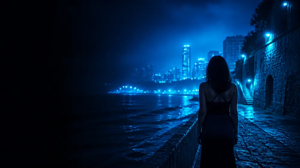 Jewish OnlyFans creators — woman on a beach promenade with a modern skyline, ancient stone lanes of the hillside old city