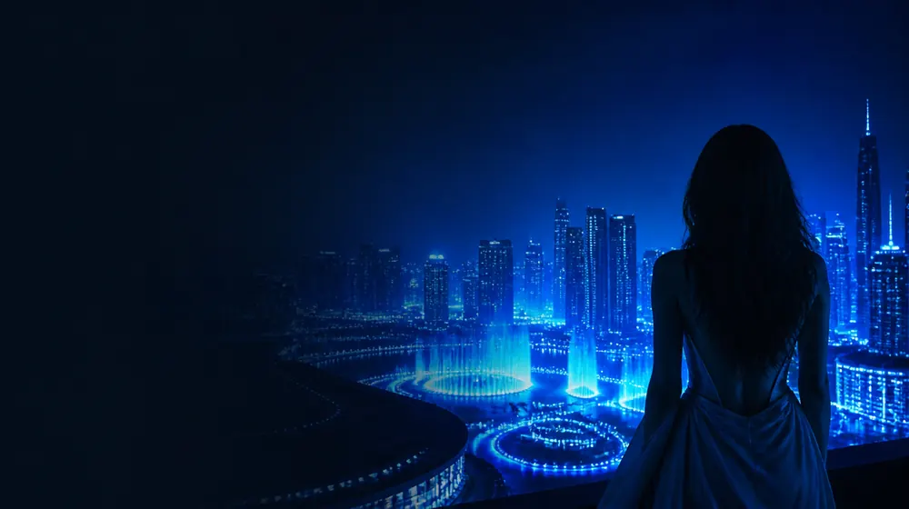 Kansas City OnlyFans creators — woman on a rooftop overlooking a glowing skyline, grand fountains spraying lit water jets