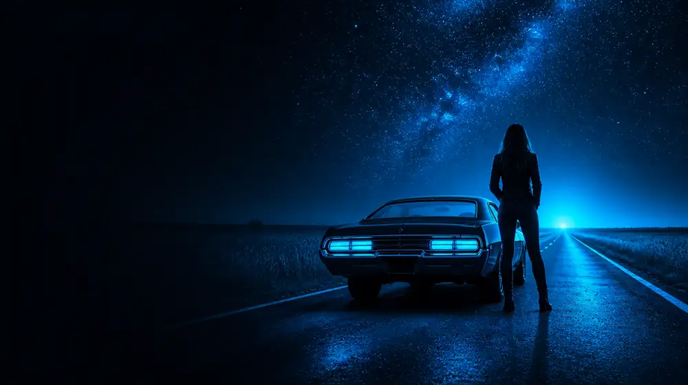 Kansas OnlyFans creators — woman beside a classic muscle car on a starlit highway, flat wheat fields stretching to the horizon