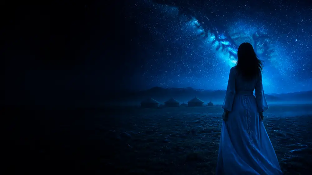 Kazakh OnlyFans creators — woman on a starlit steppe with yurt silhouettes