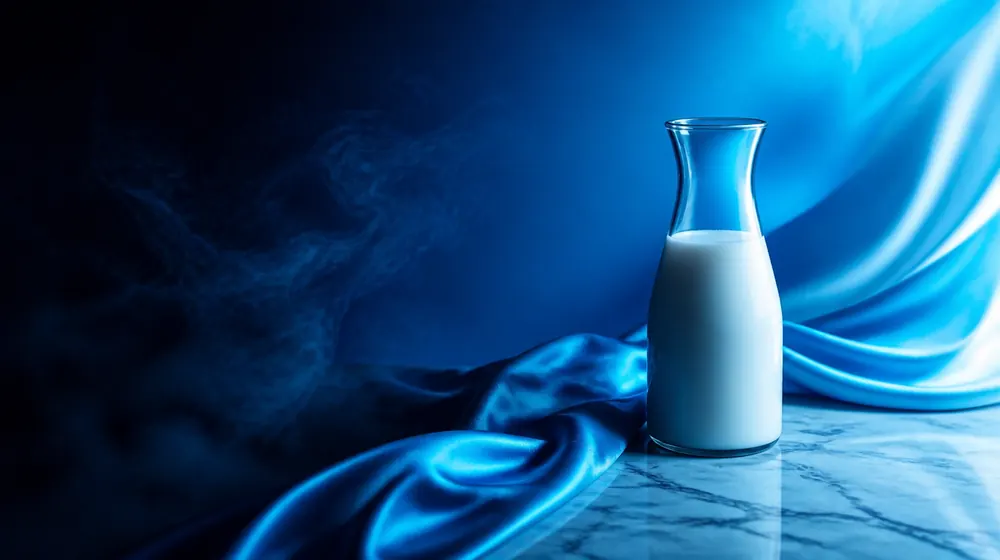 Lactating OnlyFans creators — silk fabric rippling in cool blue light, a carafe of milk on the marble counter