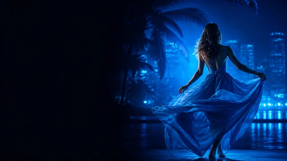 Latina OnlyFans creators — woman dancing under palm silhouettes and city lights