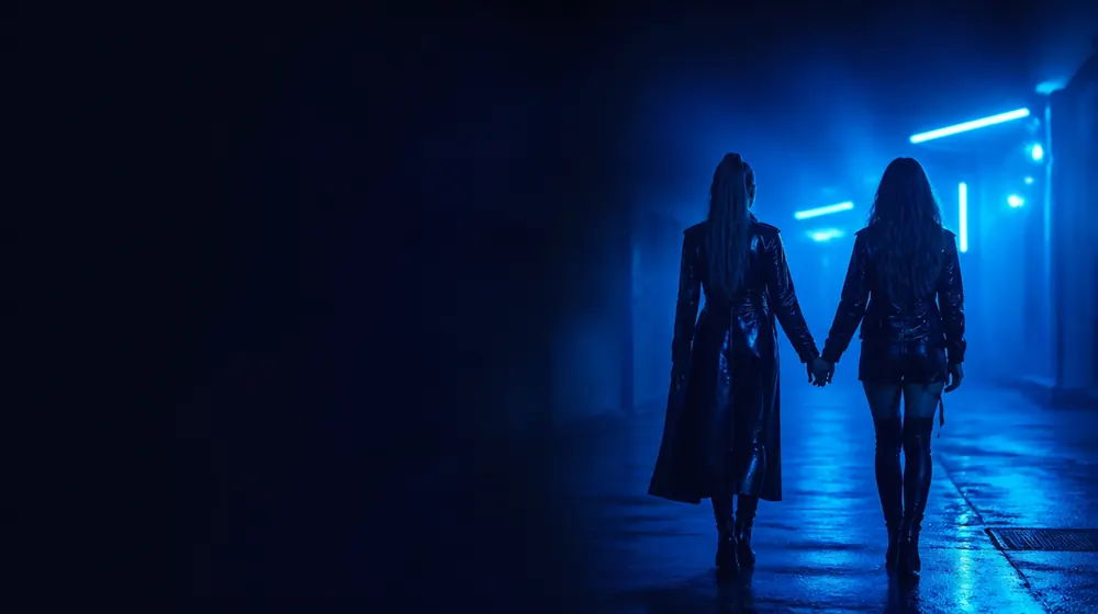 Lesbian OnlyFans creators — two women holding hands walking into neon light