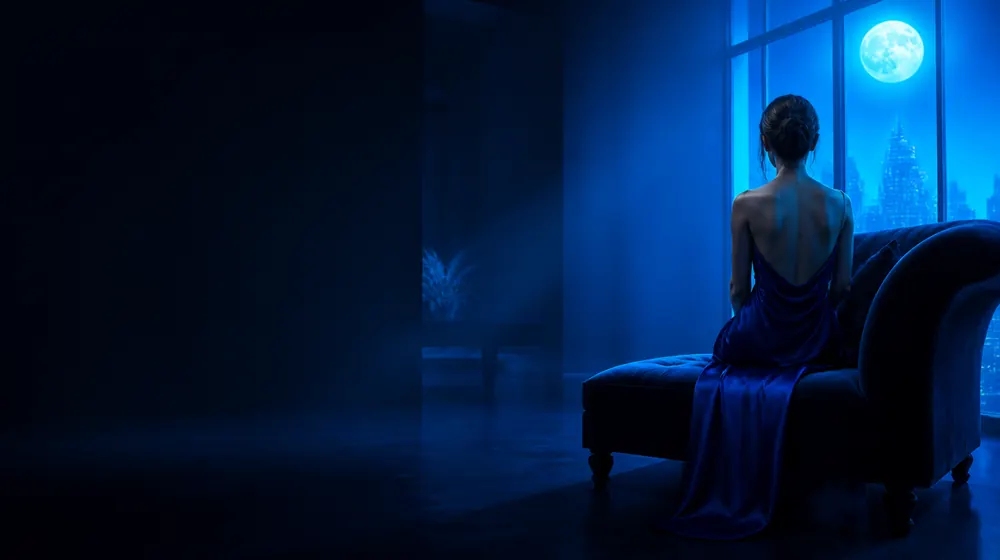 Light Skin OnlyFans creators — woman in a silk slip dress reclining on a chaise longue, golden-hour-free soft glow across the loft