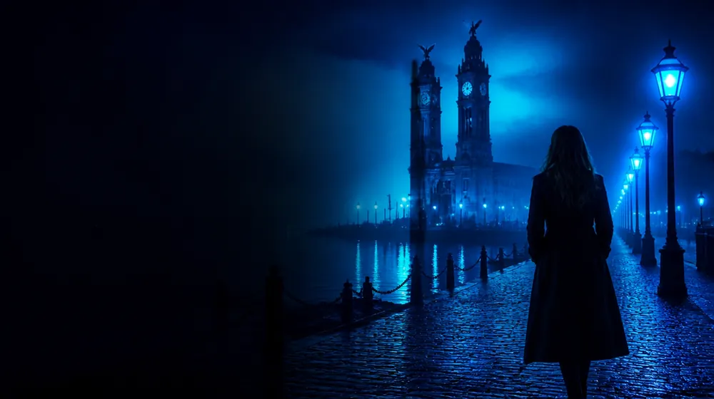 Créateurs OnlyFans Liverpool — femme en long manteau dans une rue pavée éclairée aux lanternes, des tours jumelles à horloge ornées d'oiseaux mythiques sur les quais