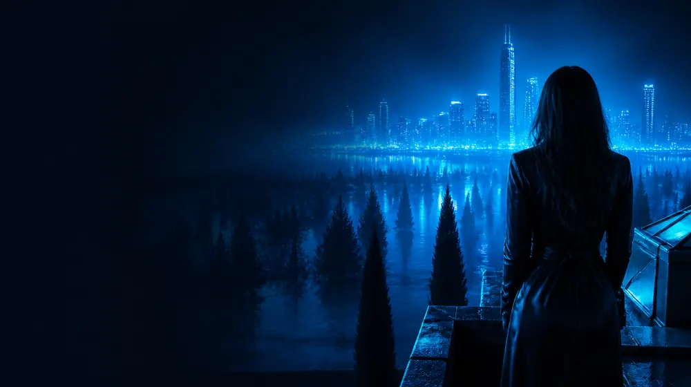 Louisiana OnlyFans creators — woman on a rooftop overlooking a glowing skyline, cypress trees rising from a misty bayou