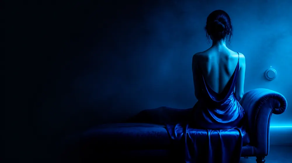 Low Key OnlyFans creators — woman in a silk slip dress reclining on a chaise longue, a dimmer switch turned nearly down