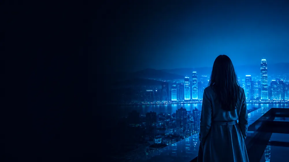 Lynchburg OnlyFans creators — woman on a rooftop overlooking a glowing skyline, blue ridge ridgelines fading into the night