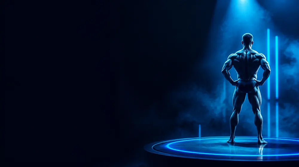 Male Bodybuilder OnlyFans creators — athletic man in a dark gym under neon light, a posing platform under a single spotlight