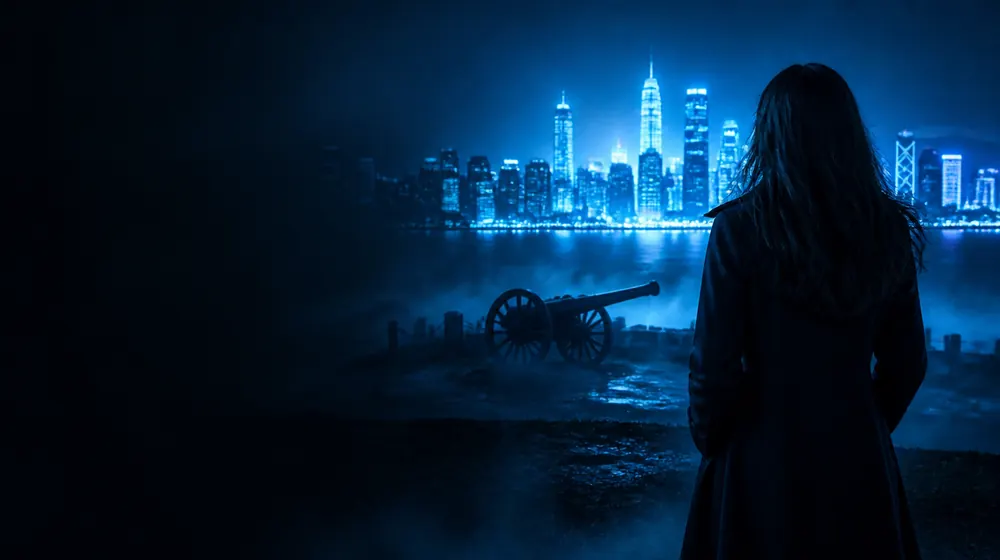 Manassas OnlyFans creators — woman on a rooftop overlooking a glowing skyline, a war-memorial cannon on the misty battlefield