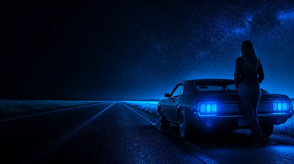Manitoba OnlyFans creators — woman beside a classic muscle car on a starlit highway, golden wheat sheaves under the prairie stars