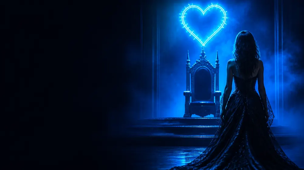 Masochist OnlyFans creators — woman in a black gown before a throne in blue light, a barbed-wire heart neon on the wall