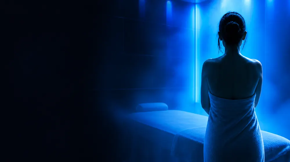 Massage Parlor OnlyFans creators — woman wrapped in a towel in a steamy glowing spa, a massage table dressed in white linen
