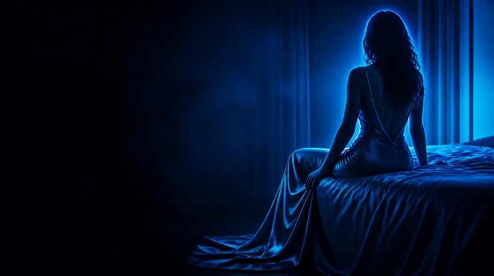 Masturbation OnlyFans creators — woman in a silk gown on the edge of a bed in blue light