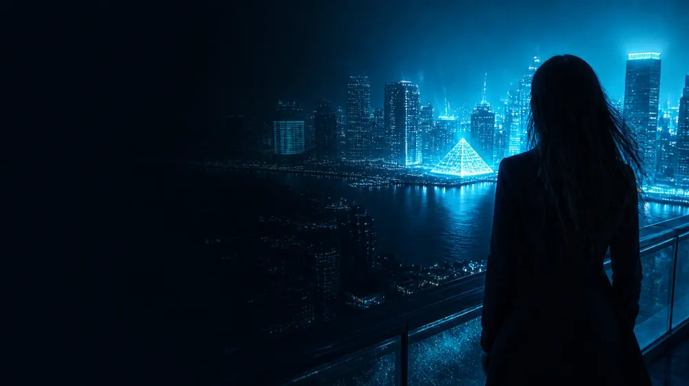 Memphis Metro OnlyFans creators — woman on a rooftop overlooking a glowing skyline, a great glass pyramid gleaming on the riverbank