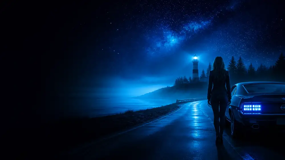 Michigan OnlyFans creators — woman beside a classic muscle car on a starlit highway, a striped lighthouse above a great-lake shore