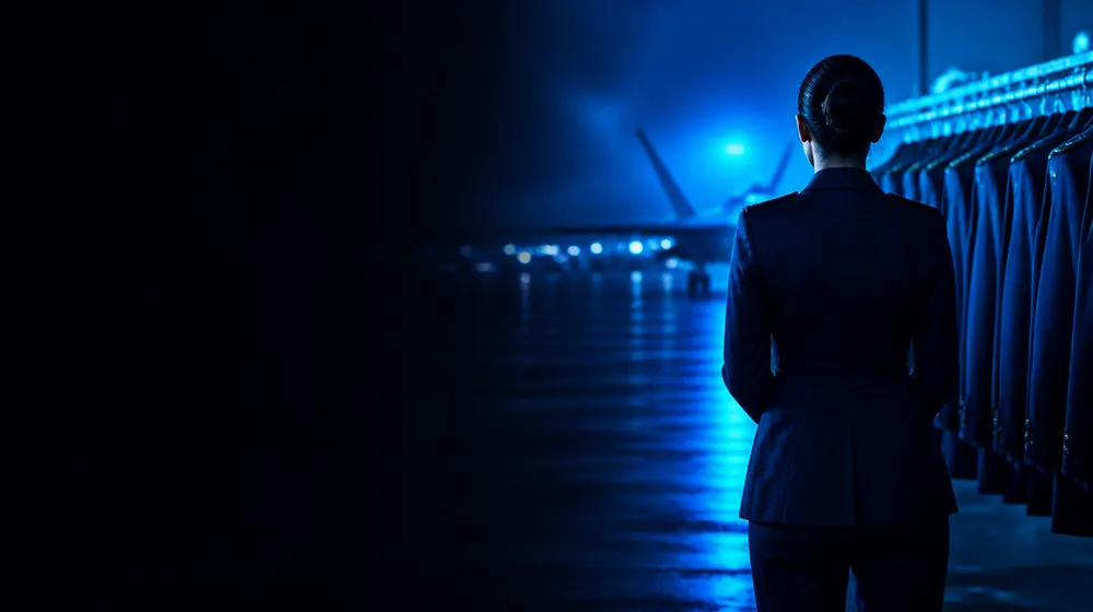 Military Uniforms OnlyFans creators — woman in uniform on a night airfield, dress uniforms hanging in a row
