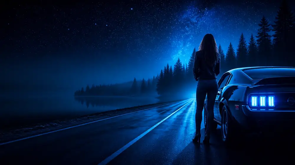 Minnesota OnlyFans creators — woman beside a classic muscle car on a starlit highway, pine woods and a still lake beside the road
