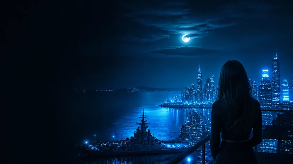 Mobile Alabama OnlyFans creators — woman on a rooftop overlooking a glowing skyline, a moored battleship guarding the moonlit bay