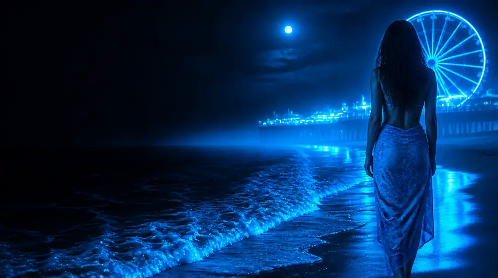 Myrtle Beach OnlyFans creators — woman in a sarong on a moonlit beach with glowing surf, a giant ferris wheel glowing over the boardwalk