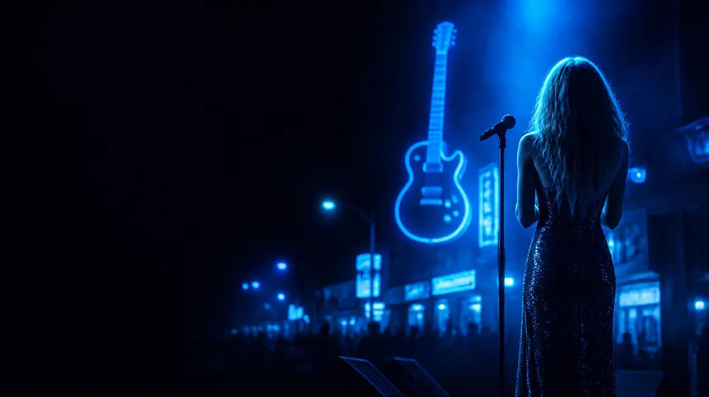 Nashville OnlyFans creators — woman at a microphone stand on a spotlit stage, a giant glowing guitar sign over the honky-tonk street