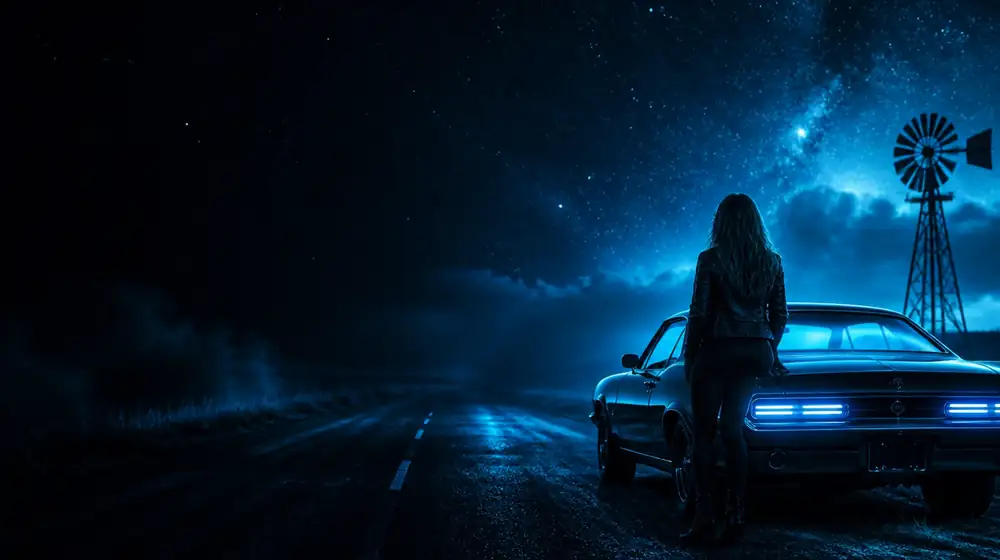 Nebraska OnlyFans creators — woman beside a classic muscle car on a starlit highway, a windmill water pump among the prairie fields
