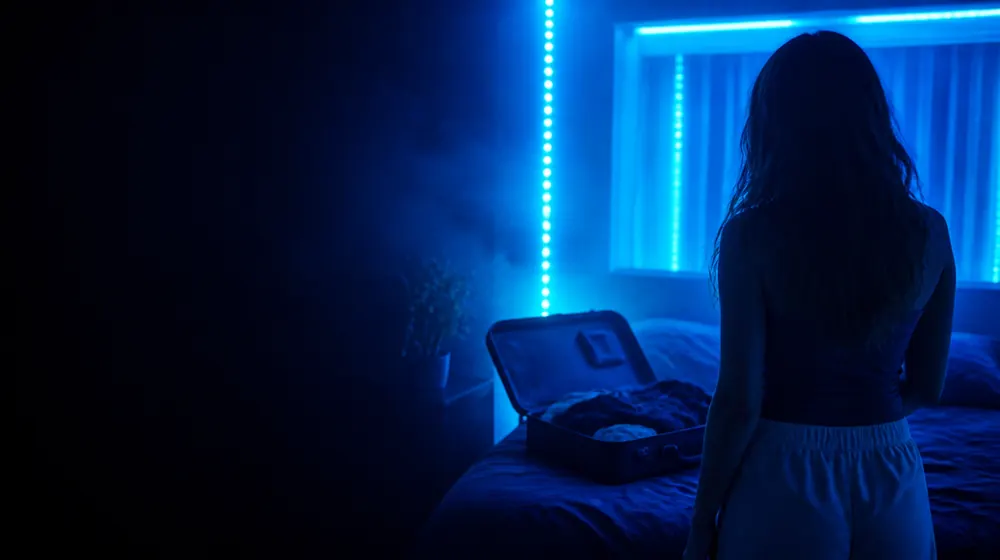 New Girls OnlyFans creators — young woman in a bedroom lined with LED lights, an unpacked suitcase open on the bed