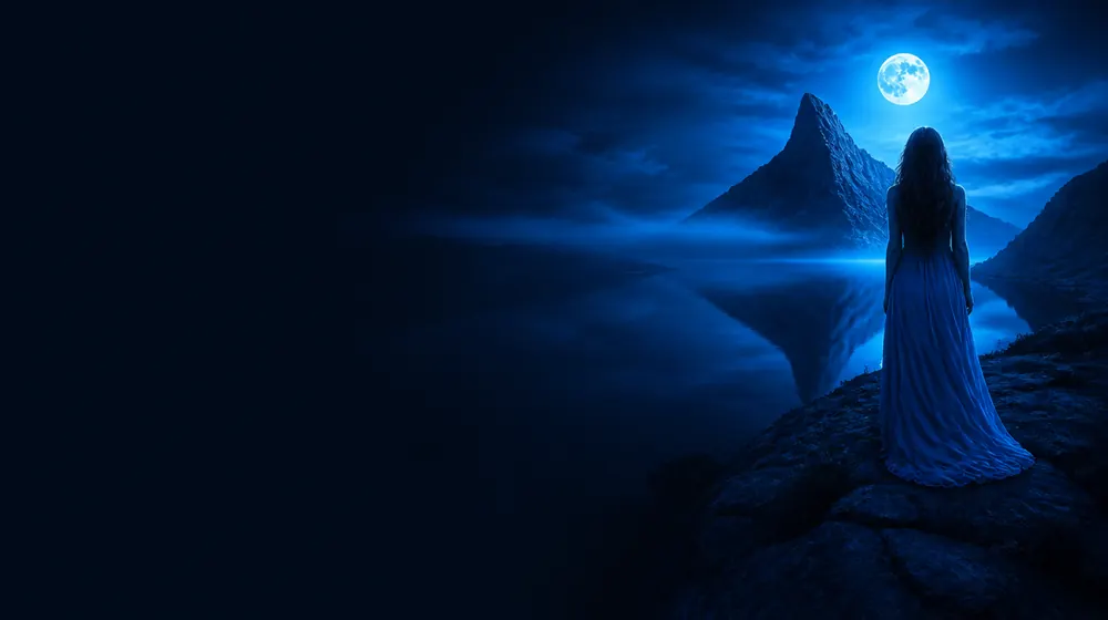 New Zealand OnlyFans creators — woman on dramatic sea cliffs under moonlight, a fjord peak mirrored in still water
